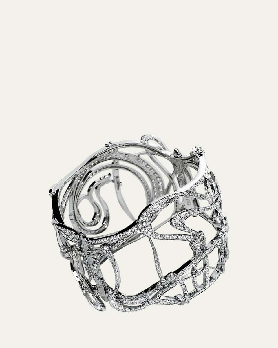 18K White Gold Art Nouveau Pave Diamond Cuff Bracelet